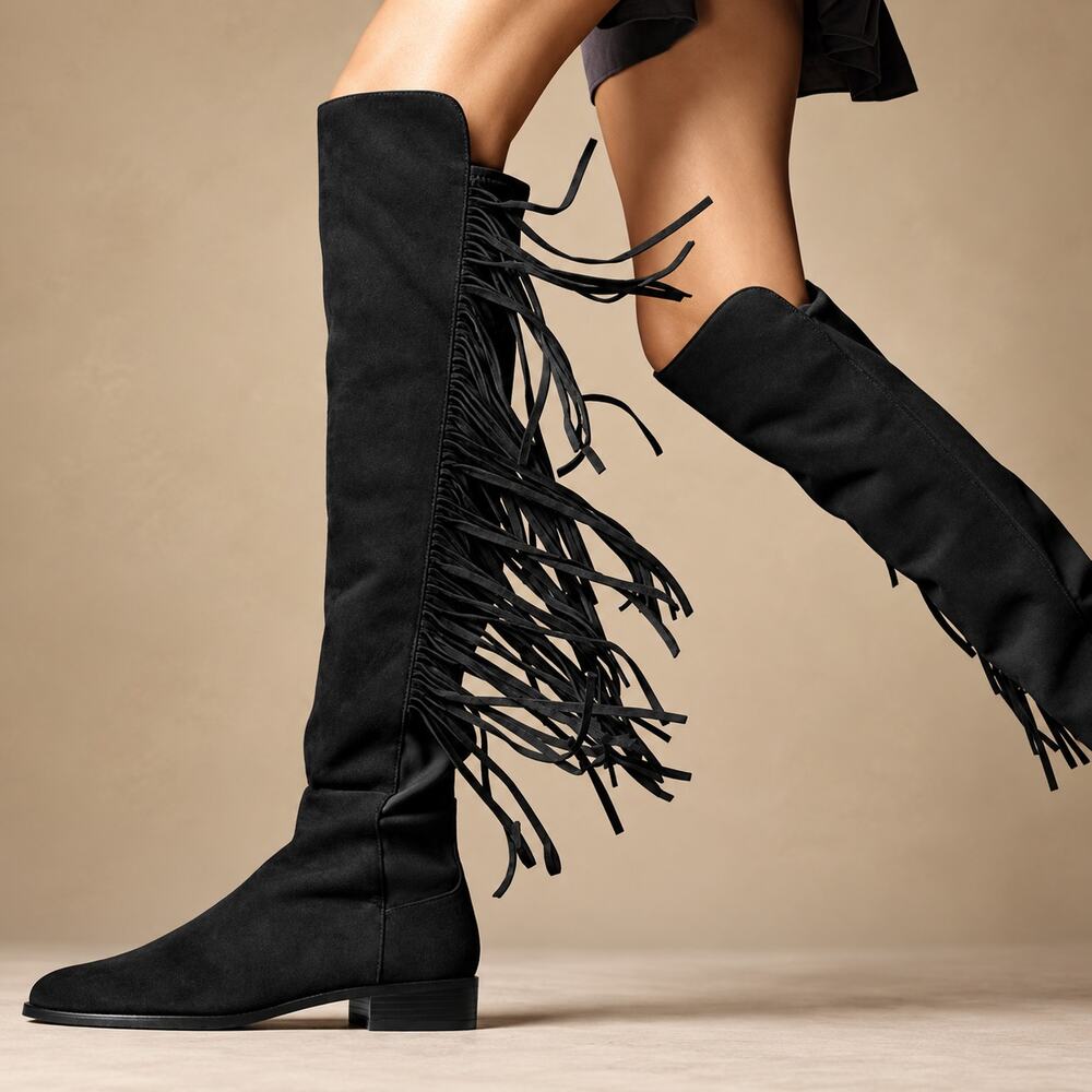 Stuart Weitzman Mane Fringe Over the Knee Boots Suede Leather Flat 5050 Black